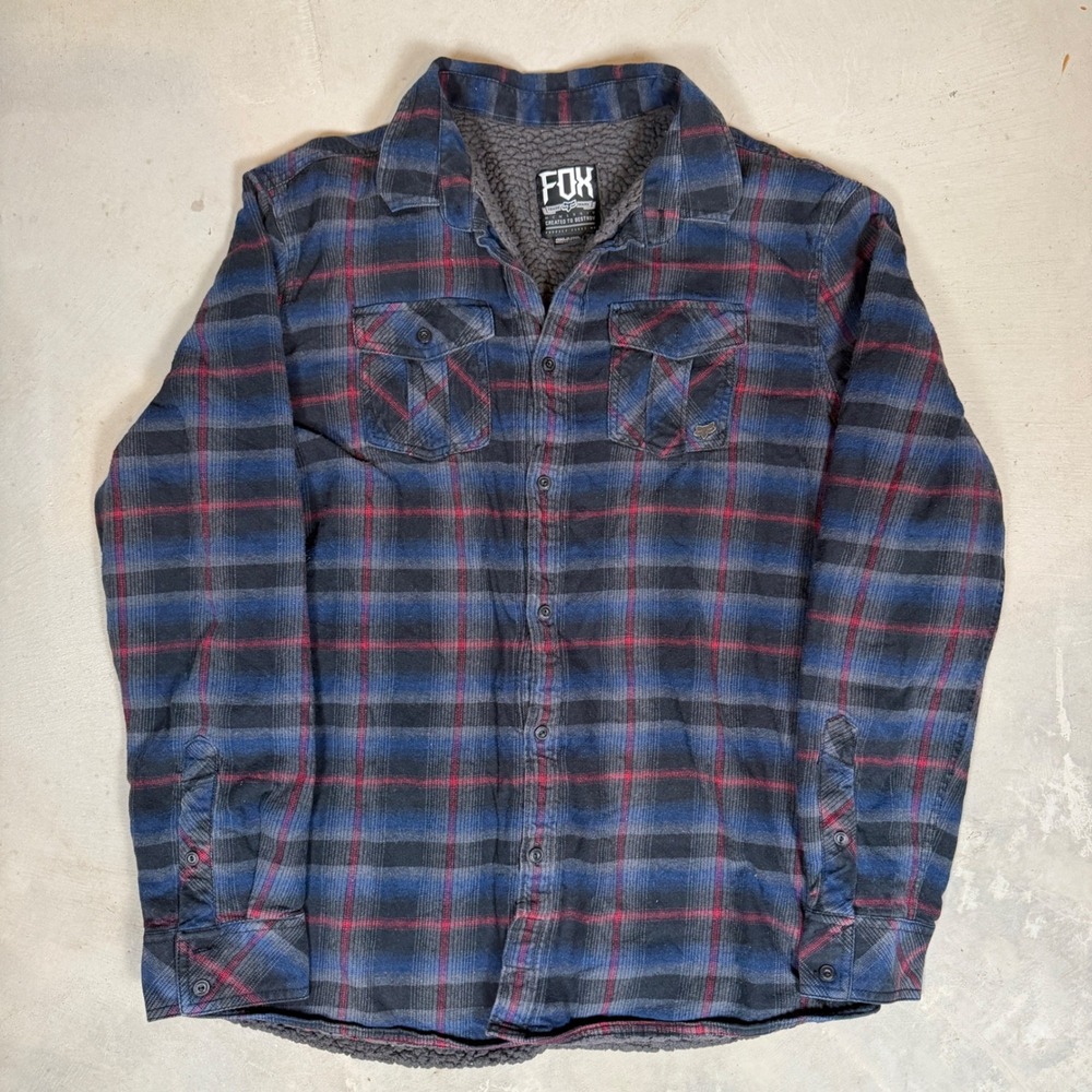 Fox Racing Mens XL Sherpa Lined Flannel Shirt Jacket Blue Black Red Plaid Moto